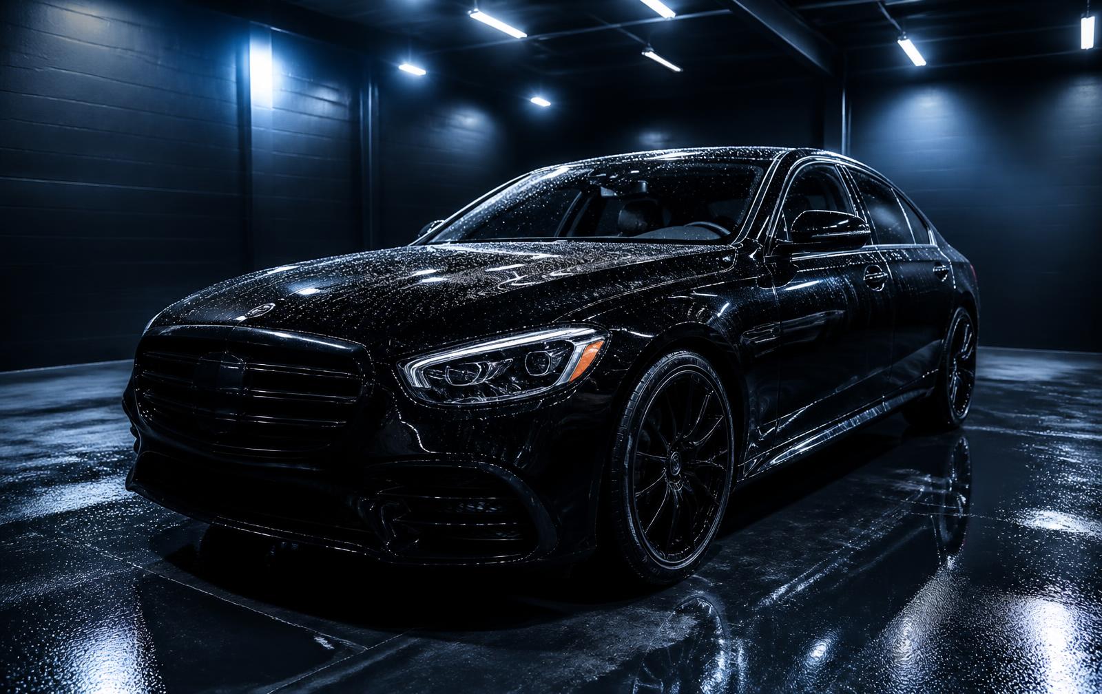 Freshly detailed black car with a deep gloss finish